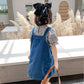 2PCS Children Clothing Set Spring Summer Girls Suits Floral Short Sleeve Tops + Denim Skirt Clothing Hin Strap Skirt Suit