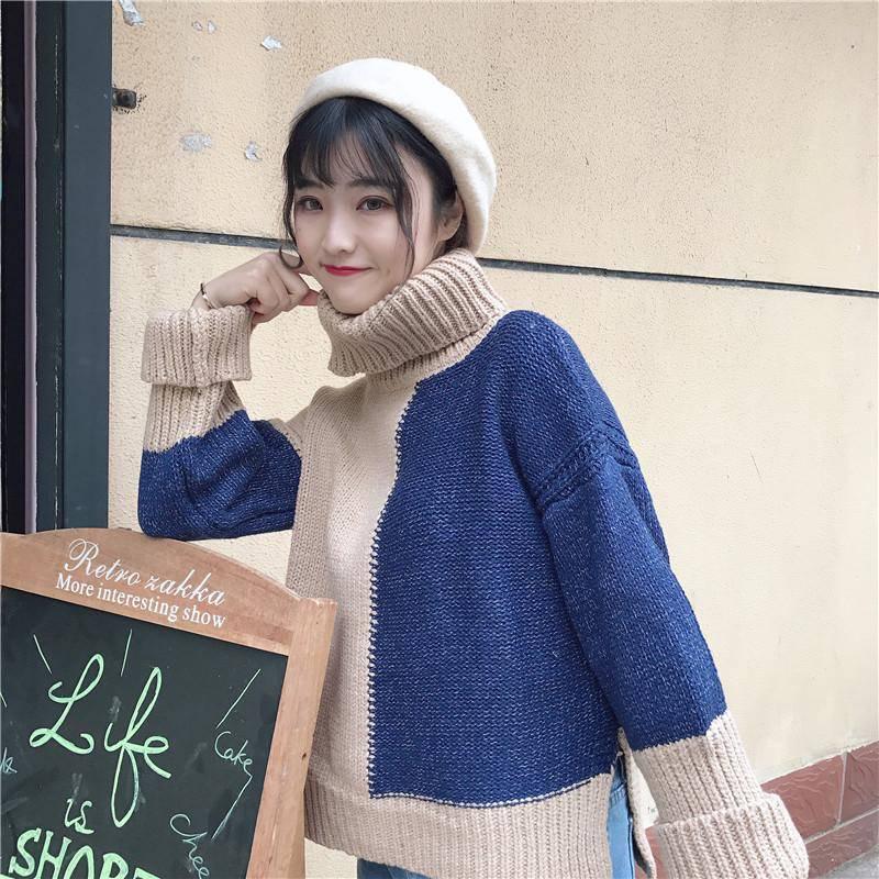 Pofulove 3 Colors Warm Short Section Hit Color TurtleNeck Loose Knitted Blouse Thicken Sweaters