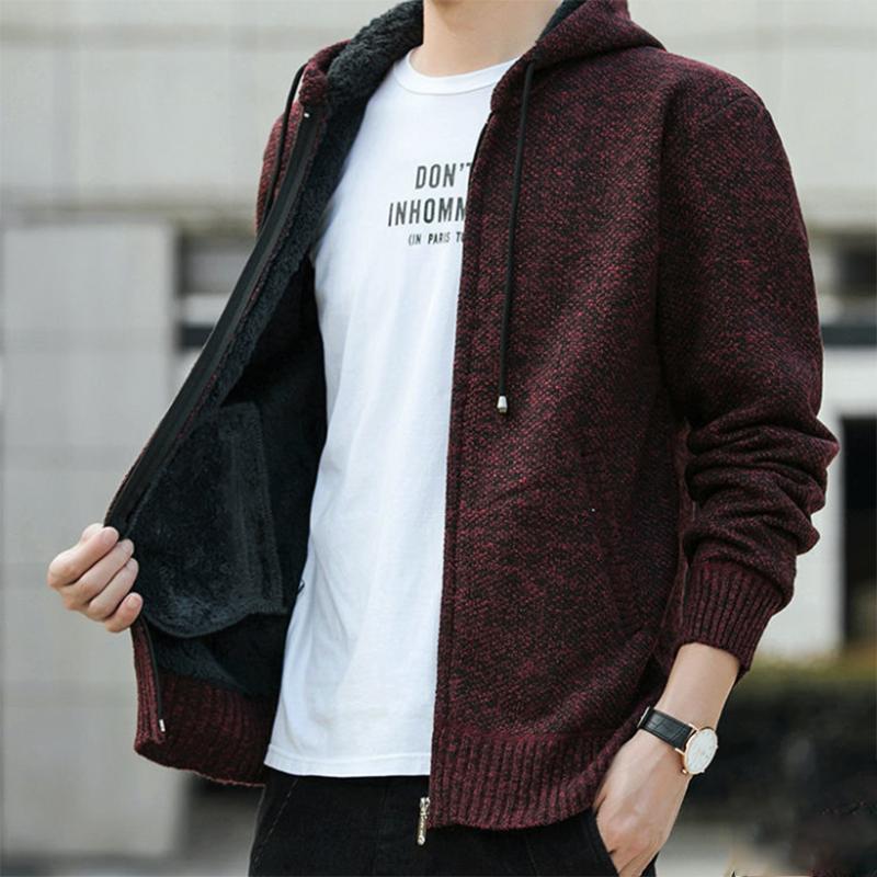 Mens Plus Velvet Cardigan Padded  Men's Knitted Sweater Cardigan Korean Trend Handsome