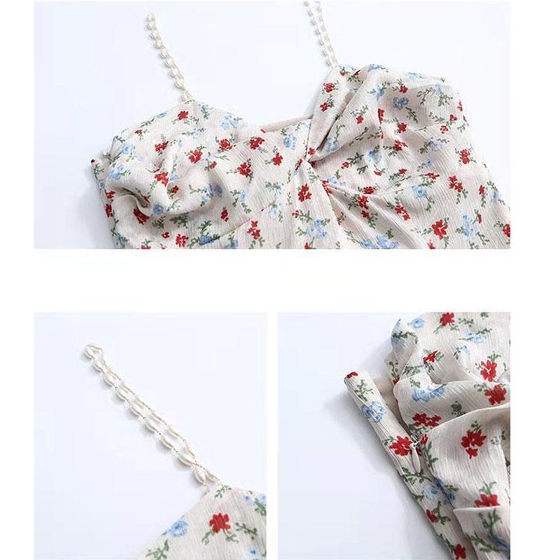 Floral Pearl Sling Dress Summer Mid-length Split Sweet First Love Dress