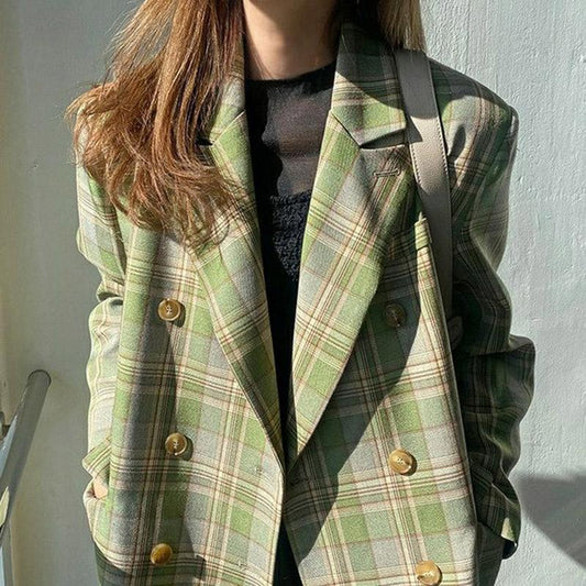 Spring and Autumn Clothes Loose Temperament Plaid Suit Mid-length Suit Jacket Jacket Women
