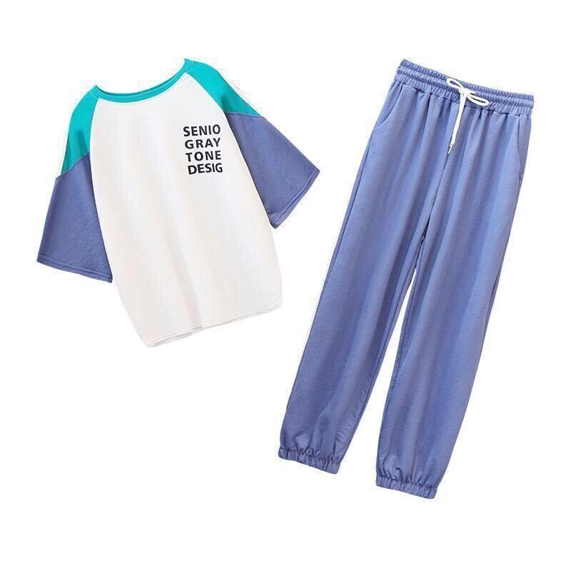 Loose Casual Suit Women's Summer Slimming Sportswear Lightweight Breathable Sweat-absorbent Two-piece Round Neck Short-sleeved T-shirt + Sports Pants