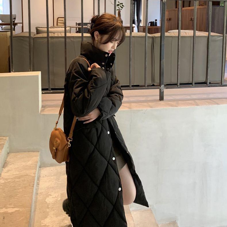 Women's Long Padded Coat Over The Knee Loose Padded Diamond Check Coat