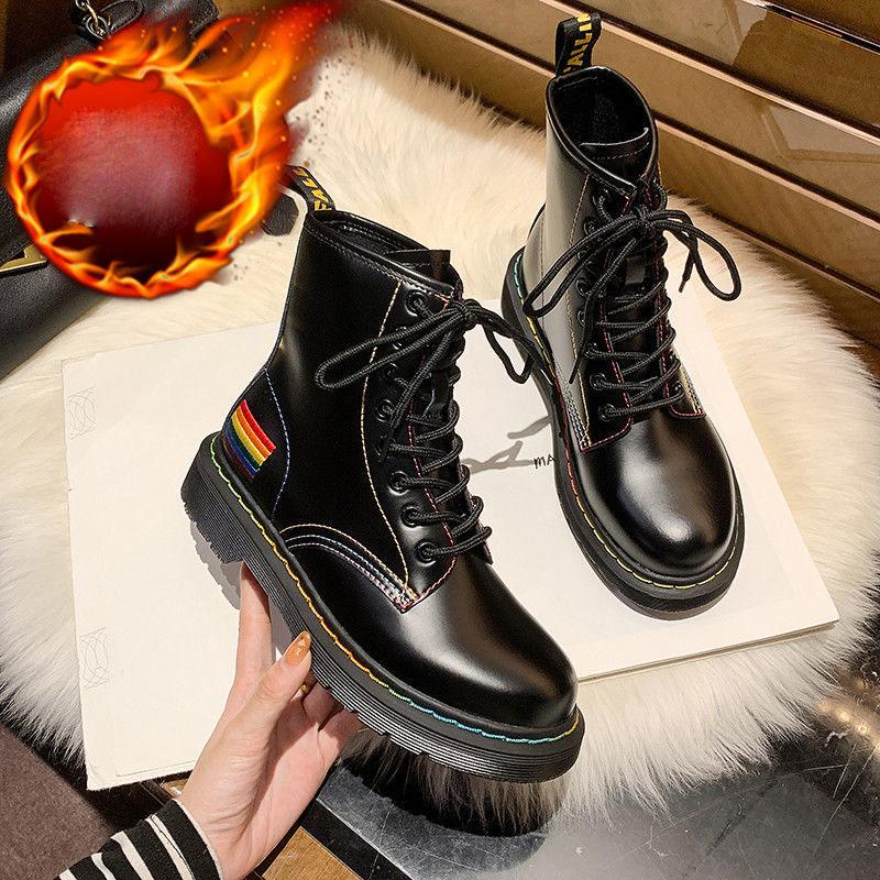 Martin Boots Women British Style Autumn and Winter Black Plush Boots Wild Thick-soled Motorcycle Short Boots Women