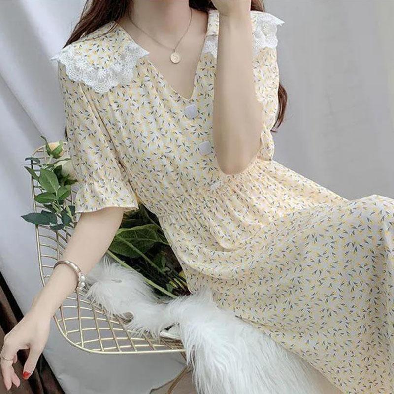 Women's Summer Sweet Short Sleeve Long Floral Dress Doll Collar Thin A-line Skirt