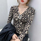 Women's Spring and Autumn Long-sleeved Bottoming Shirt Leopard Print V-neck Slim Top