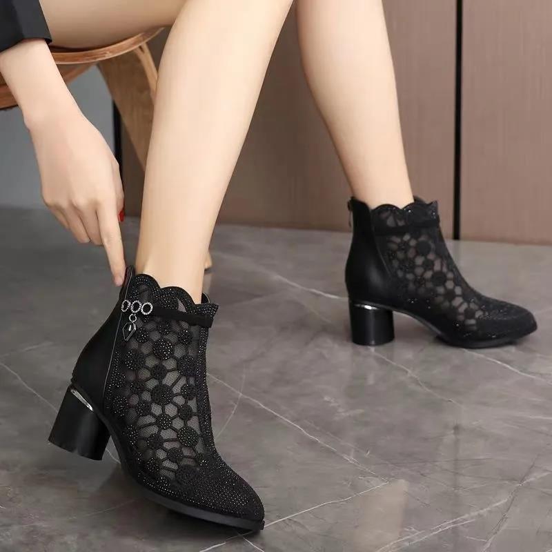 Sandals Women's Mesh Cool Boots All-match Hollow Rhinestone Breathable Thick-heeled Ankle Boots Women's Black High-heeled Boots