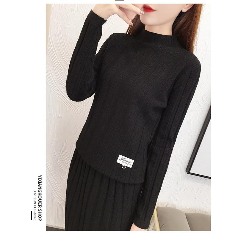 Women's 2 Pieces Winter Dress Set Korean Style Solid Knitted Sweater Mid-high Collar Slim Fit Top Sweater Mid-length Dress Knitwear Lace Edge