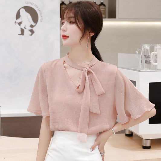 Chiffon Shirt Ruffled Short-sleeved Short-sleeved Women's Loose Plus Size Blouse Elegant and Sweet Cute Chiffon Fabric Light and Breathable