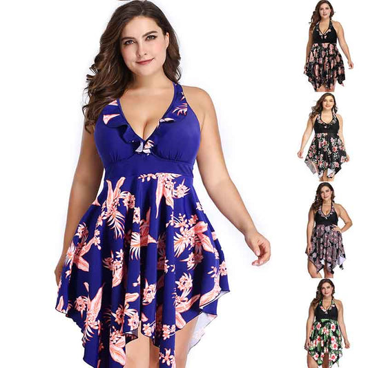 Plus Size Swimsuit Europe and America Cover Belly Solid Color Lace Print Split Skirt Swimsuit 2XL-6XL