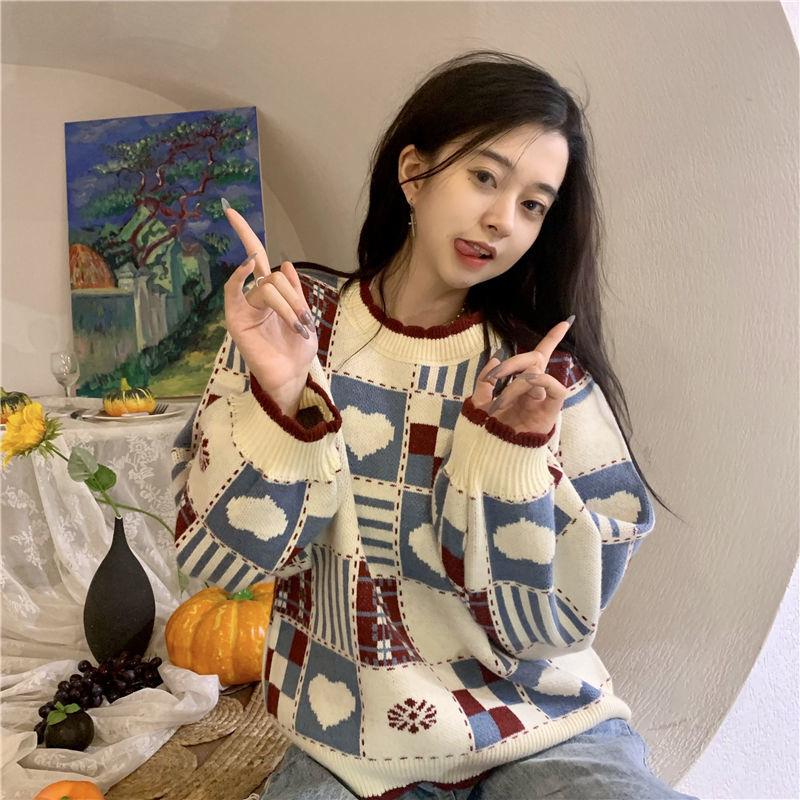Autumn Winter  Women Fashion Sweater Casual Knitting Sweater Retro Round Neck Pullovers Loose Casual Long Sleeve Sweater