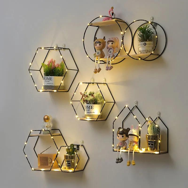 Modeling Metal Display Platform Wall Mounted Decorative Shelf Living Room Art Storage Rack with Light Strip