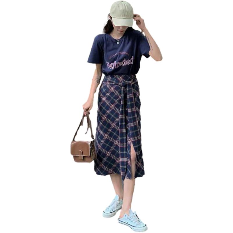 Split Women Plaid Skirt Female High Waist A-line Mid-length Half Skirt Thin Daily Student School