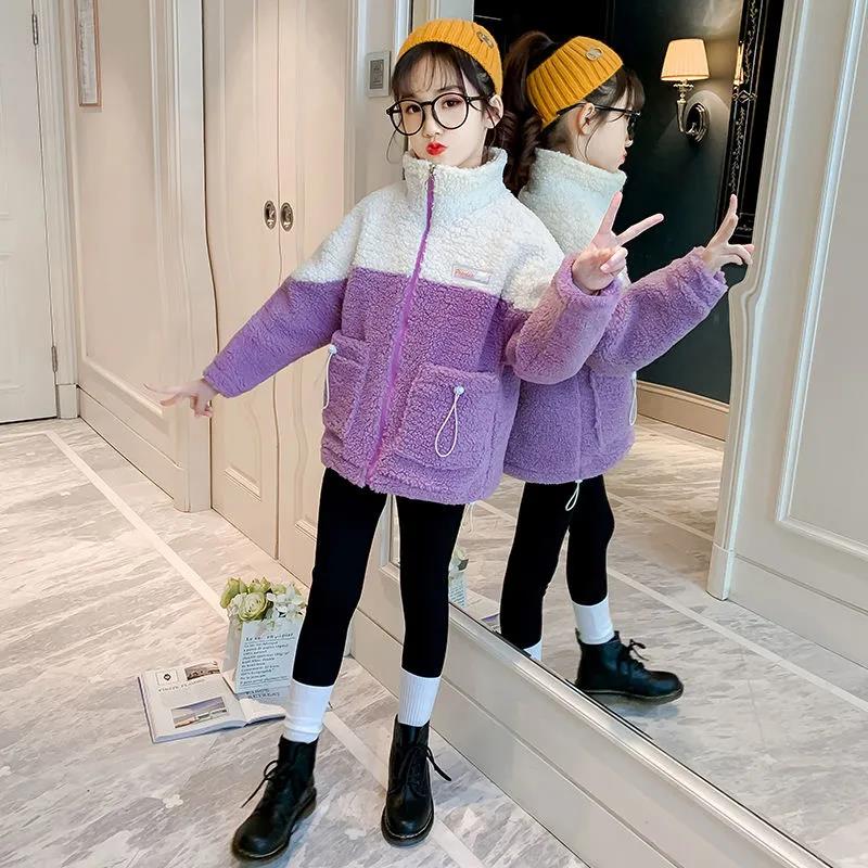 Winter Girls' Jackets Autumn and Winter Children's Cotton Clothes Plus Velvet Thick Warm Jacket Wool Sweater Coat