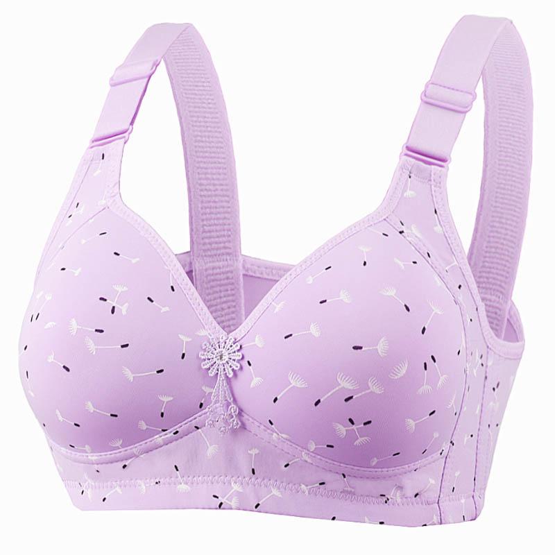 Large Size No Steel Ring Large Cup Thin Cup Full Cup Simple Style Printed Back Three-Row Buckle Adjustable Side Closure Anti-Sagging Bra