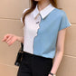 Women Summer Shirt Elegant Color Block Patchwork Printed Chiffon Shirt Female Short Sleeve Slim Thin Versatile Shirt