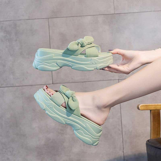 Size35-39 Summer Women Slippers Bohemian Beach Wear-resistant Slippers Wedge Platform Cross Bow Sandals Outdoor High Heels