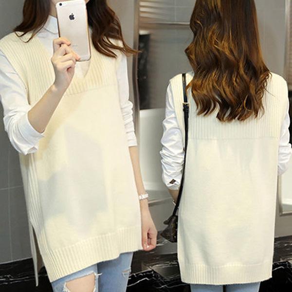 Autumn and Winter Solid Color V-neck Sweater Slim Fit Plus Size Jacket Mid-length Vest Women