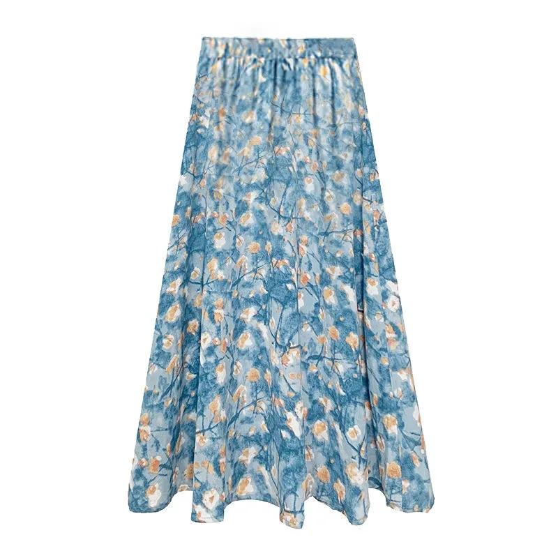 Women's Retro Oil Painting Floral Skirt Spring Summer Korean Style Loose All-match Thin A-line Large Swing Skirt Breathable Sweet Skirt