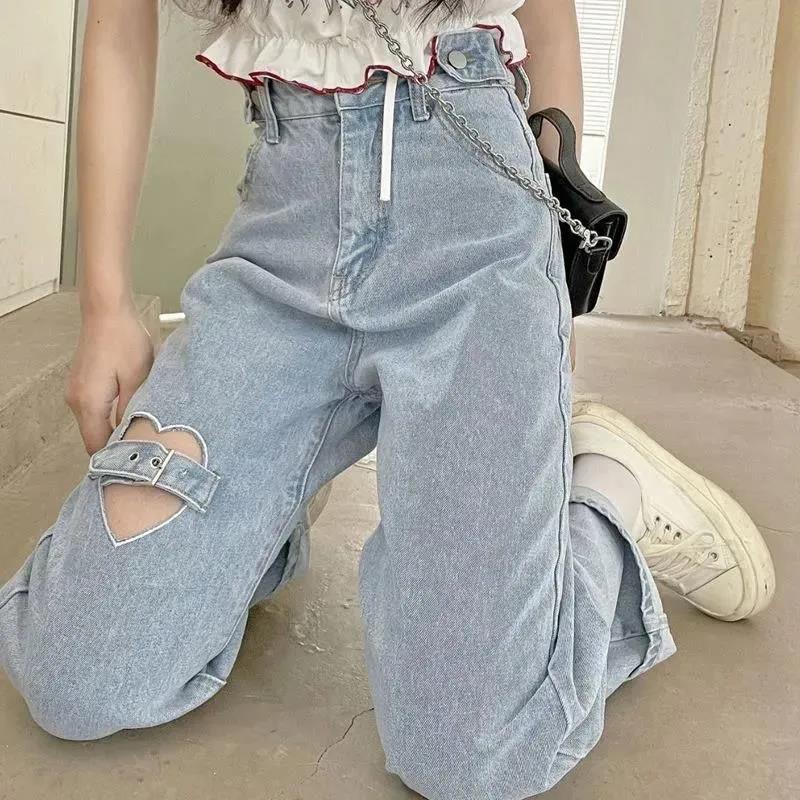 Broken Hole Jeans Female Spring and Autumn High Waist Loose Wide Leg Straight Pants Love