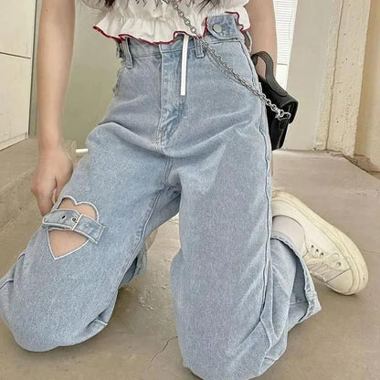 Broken Hole Jeans Female Spring and Autumn High Waist Loose Wide Leg Straight Pants Love