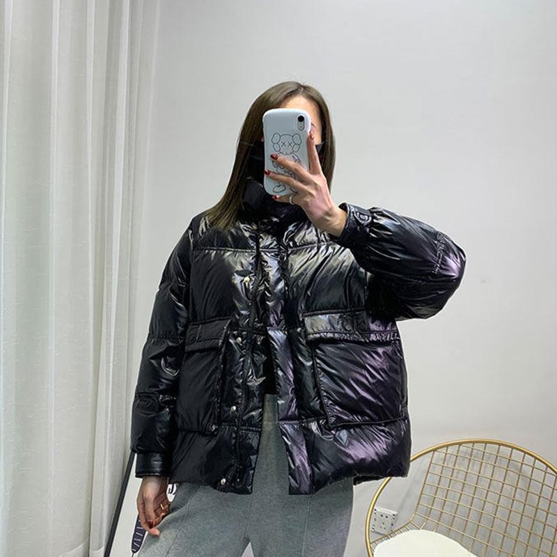 Women's Shiny Short Down Jacket Winter Korean Style Loose Quilted Jacket Casual Stand-collar Padded Jacket
