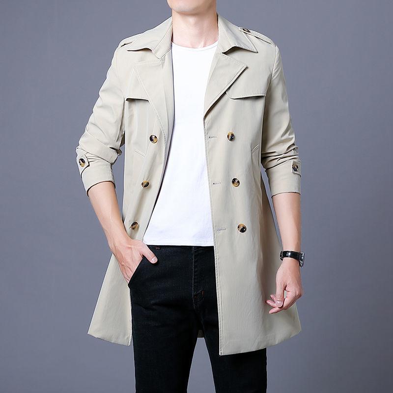 Men's Mid-length Double-breasted Windbreaker Spring and Autumn Trend Business Casual Youth Lapel Jacket New