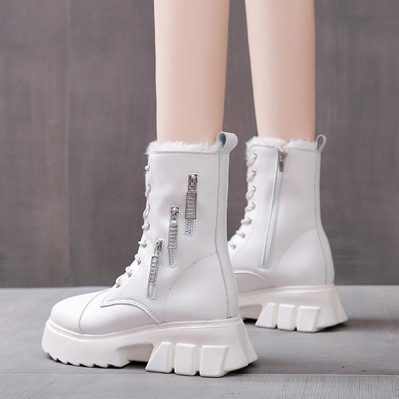Women Winter Shoes Ankle Boots Leather Warm Plush Snow Boots Female Shoes Woman Chunky Platform Booties White Black