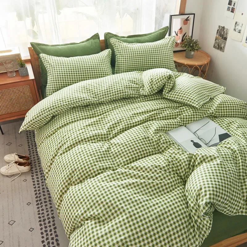 Fashion Simple Cotton Plaid Four-piece Bedding Bedroom Thickening Skin-friendly Quilt Cover Sheet Single Double Dormitory Bedding
