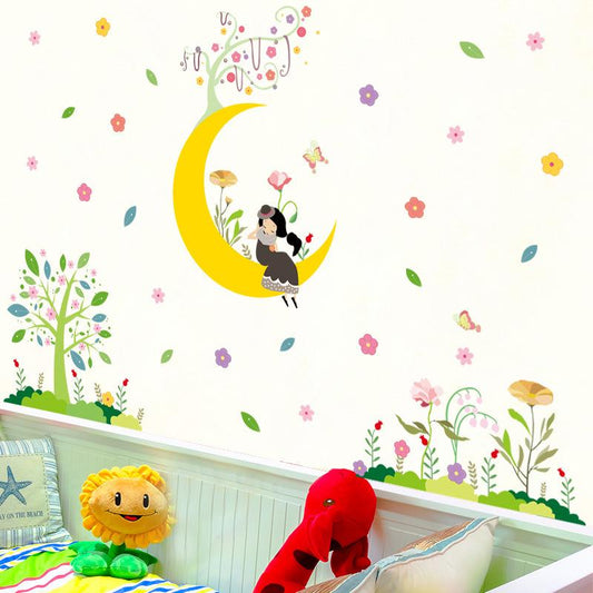 Cartoon moon girl green tree colorful wall stickers bedroom corridor kindergarten classroom stickers