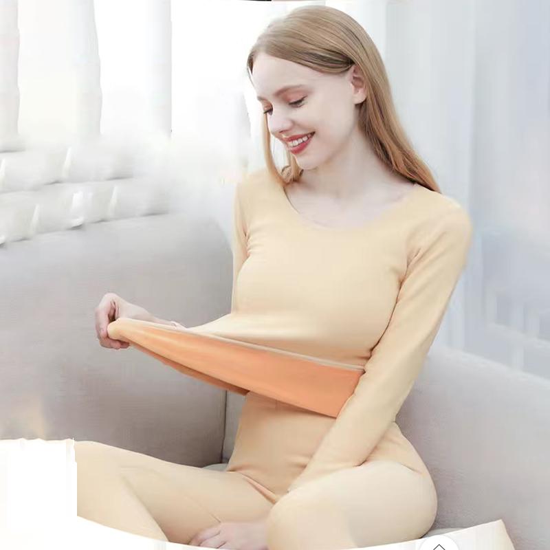Women Plus Size Winter Thermal Underwear Plus Velvet Thickened O-neck Tops Pants Female Tight Suit Windproof Comfortable Soft Lining Long Sleeve
