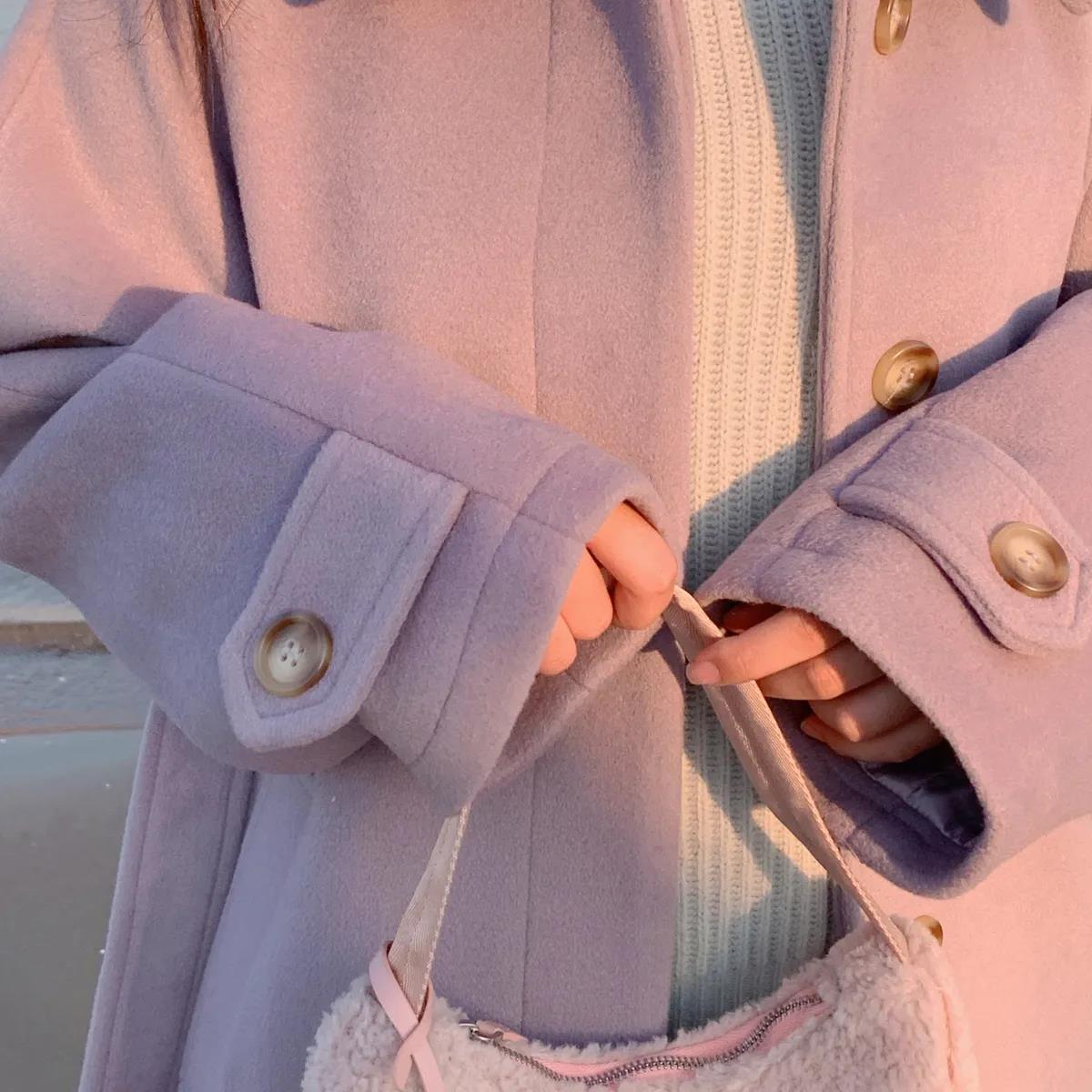Purple Mid-length Woolen Coat Women Winter College Style Loose Tie Thickening Plus Cotton Woolen Coat Women