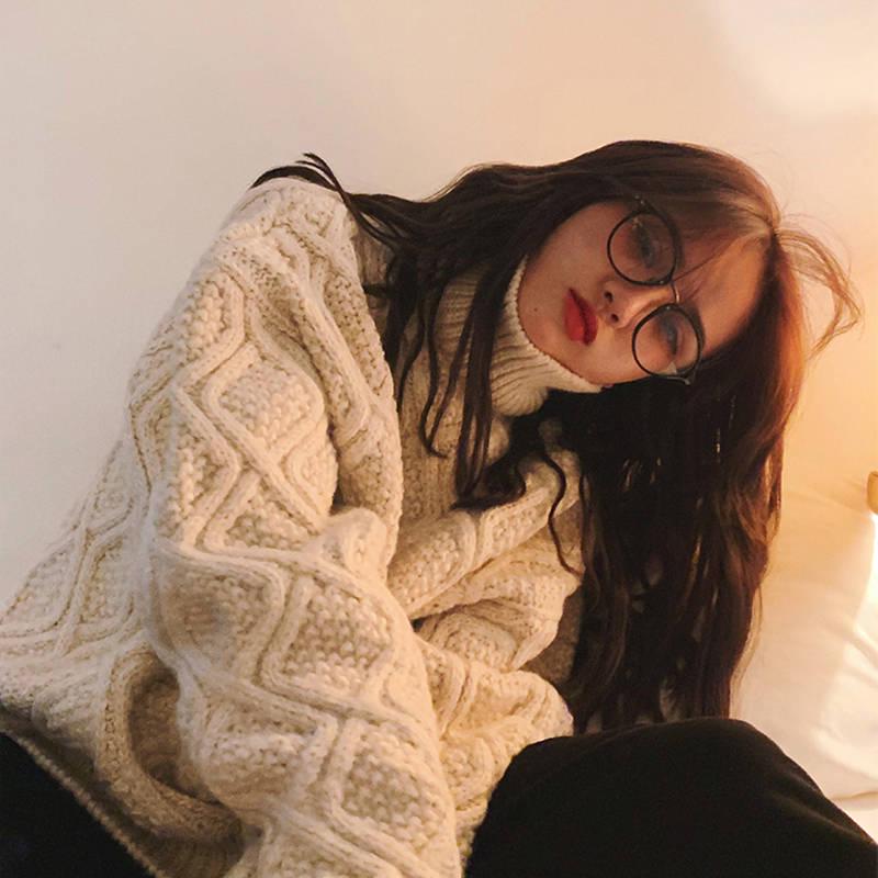Pofulove Korean Solid Color Thick Turtleneck Female Autumn Winter Lazy Loose Twist Knitted Pullover