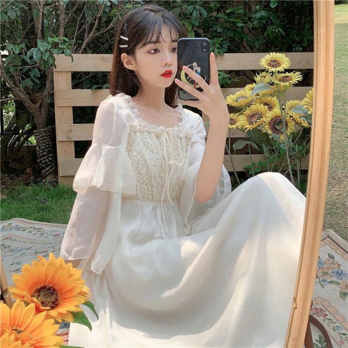 Female Vintage Super Fairy Sweet Chiffon Dress Slim Elegant Lace Quarter Sleeve Holiday Dress