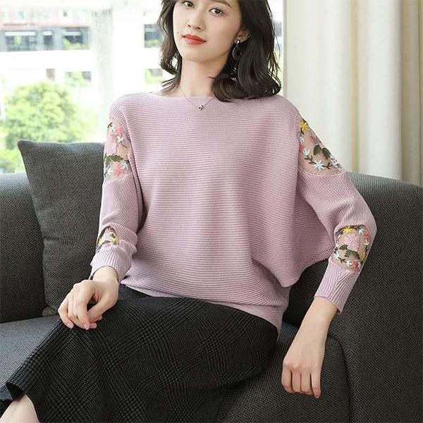 Outer Wear Loose Bat Sleeve Knit Sweater Large Size Lace Casual Sweater Spring and Autumn Print Top Coat