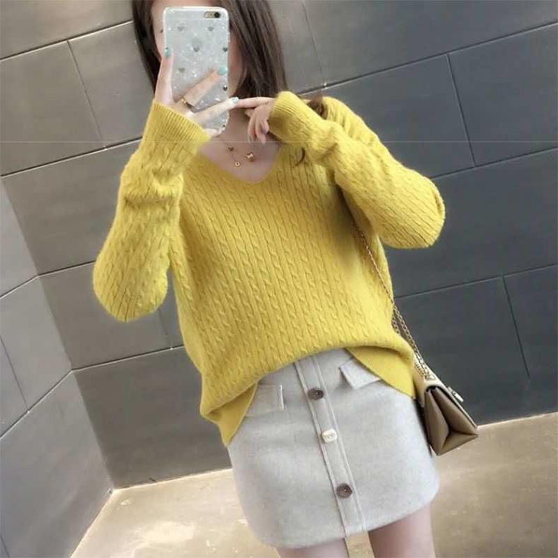 V-neck Sweater Women Spring and Autumn Loose Short Bottoming Shirt Solid Color Stitching Bottoming Blouse Women Pullover