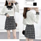 Autumn and Winter Knit Sweater Suit Women Lace Stitching V-neck Sweater Top and Short Plaid Wool Skirt Two-piece Female Elegant Outfits