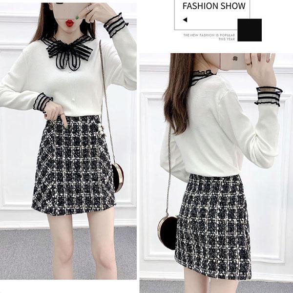 Autumn and Winter Knit Sweater Suit Women Lace Stitching V-neck Sweater Top and Short Plaid Wool Skirt Two-piece Female Elegant Outfits