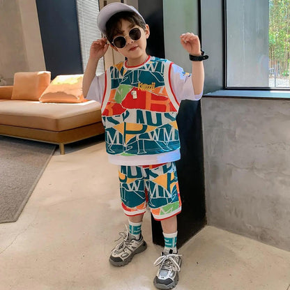 Kids Boys Clothes Boy Summer Clothing Sets Short Sleeves Print Tops Shirt+Flower Shorts Suits Children Clothing