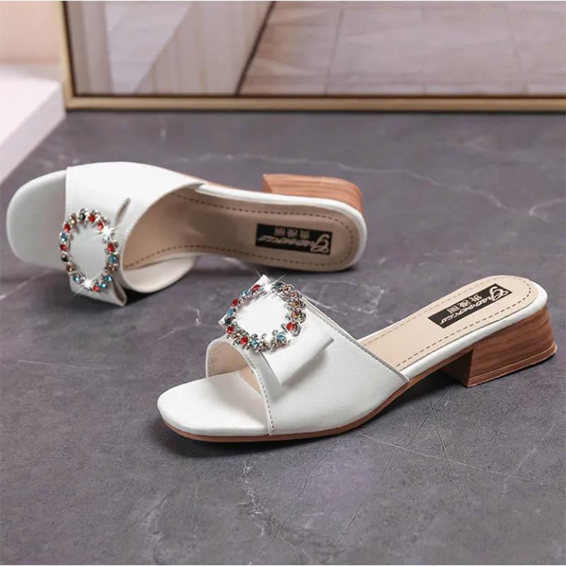 Middle Heel Square Toe Sandals Female Fairy Thick Heel Rhinestone Slippers Open Toe All-match Shoes Beach Shoes