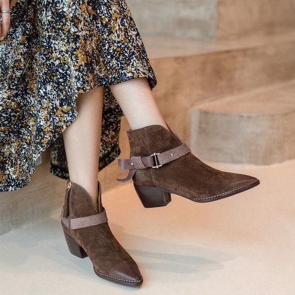 Vintage Pointed Suede Boots British Style Soft Chelsea Boots Thick Heel Plus Velvet Ankle Boots