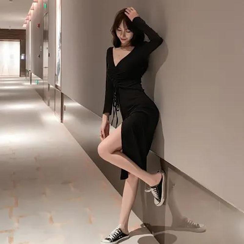 Sexy Royal Sister Dress Female Temperament Light Mature Wind Over The Knee Long Skirt Slit Drawstring V-neck Low-cut Thin Hip Skirt