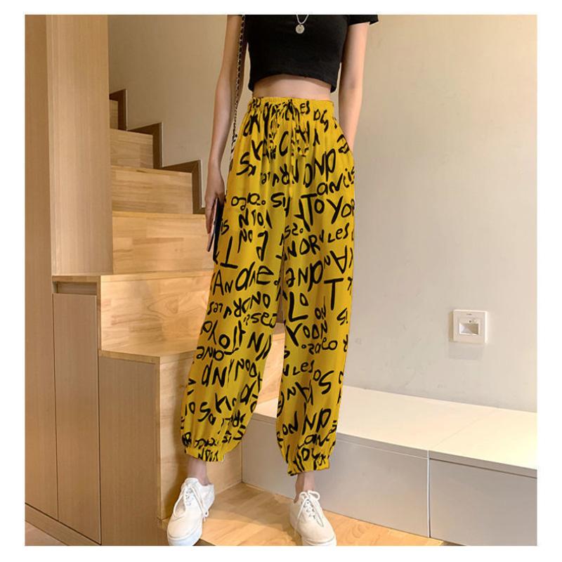 Sports Chiffon Casual Pants Women's Summer Letters Print Harlan Elastic Waist Loose Drawstring Lantern Pants