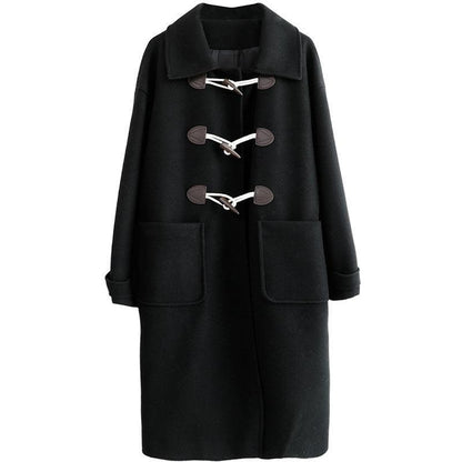 Retro Horn Button Woolen Coat Women's Mid-length 2021 Autumn and Winter Korean Style Thick Woolen Coat