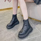 Autumn and Winter Leather Sponge Cake Thick-soled Martin Boots Thin Plush Boots Heightening Short Velvet Boots All-match