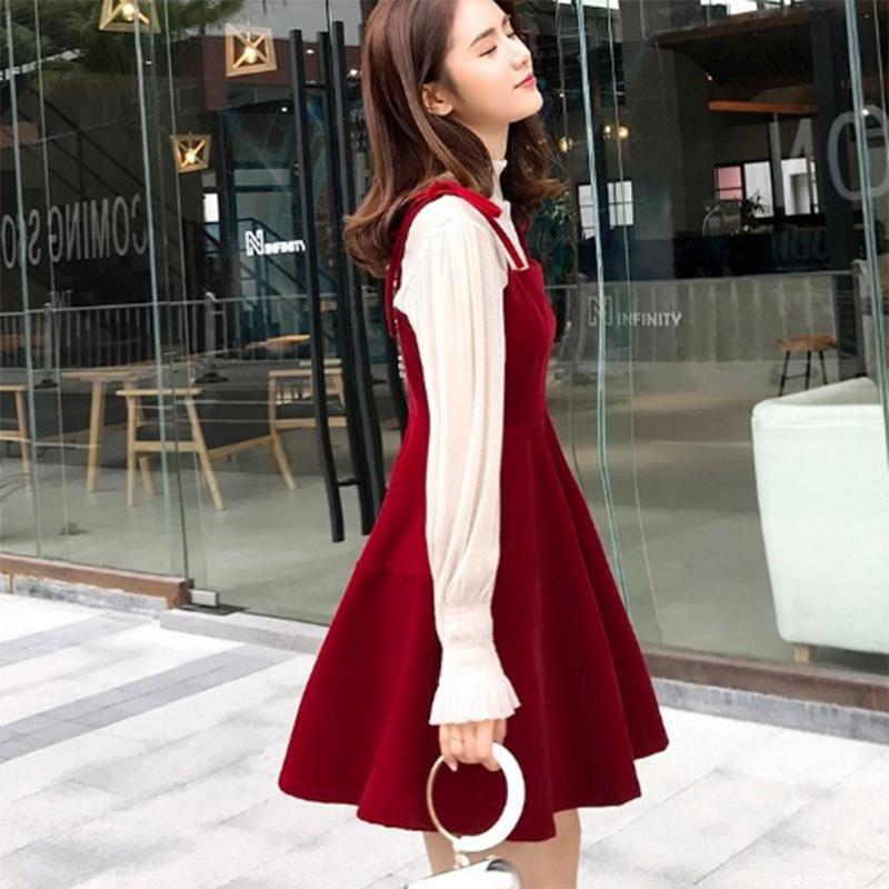 Stand Collar Spring and Autumn Solid Color Long-sleeved Dating Travel Bottoming Shirt French Suspender Dress Super Fairy Suit Skirt Female