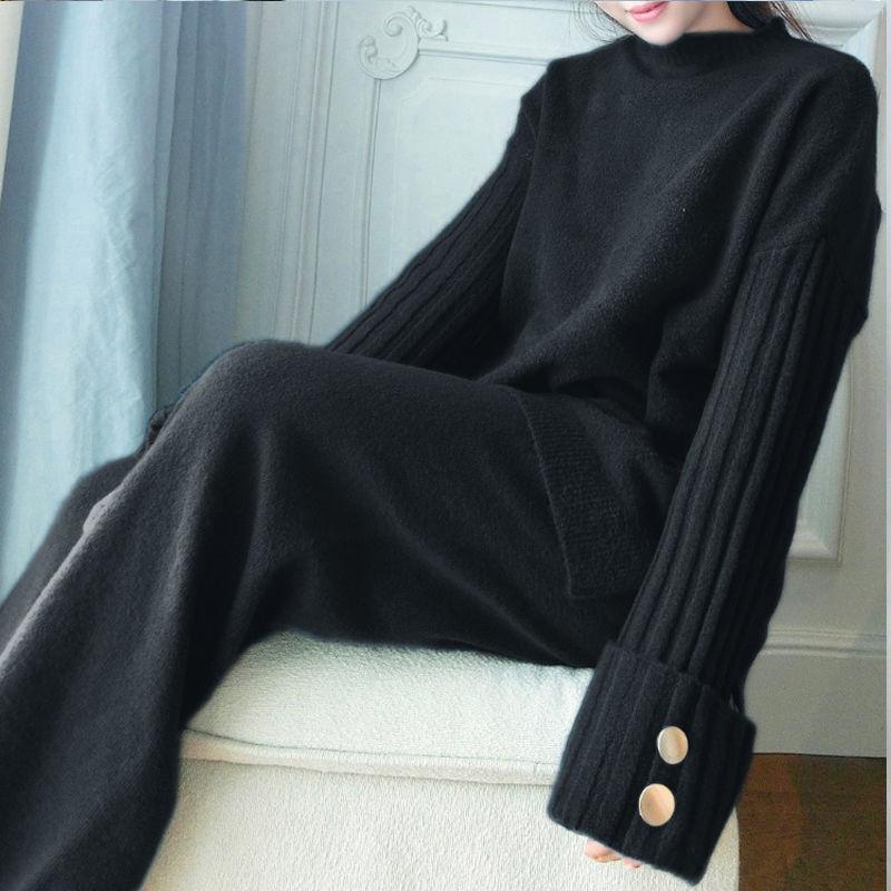 2pcs/set Women Knitted Tracksuit Two-piece Sweater Women's Solid Color Thick Turtleneck Sweater and Loose Knitted Wide-leg Pants Two-piece Set Outfits