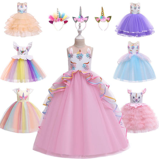 Kids Unicorn Dress for Girls Flower Appliques Ball Gown Little Girl Princess Dresses Elegant Party Costumes Children Clothing