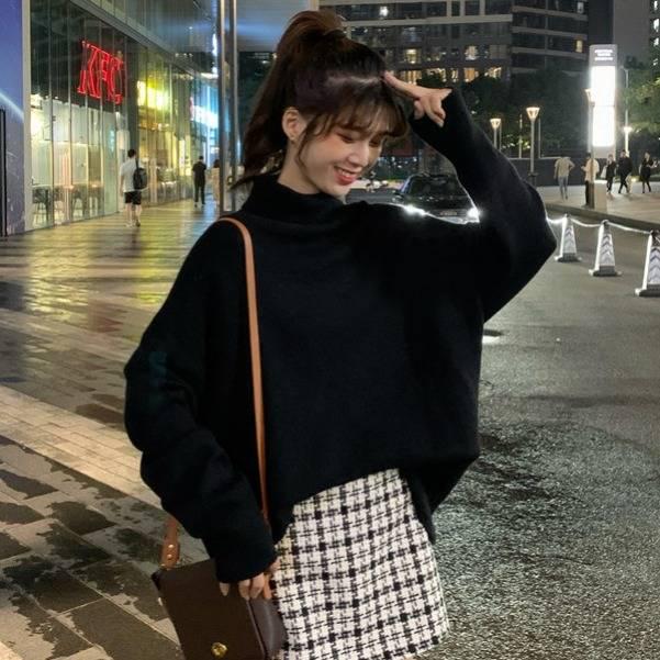 Pofulove Winter Warm Thick Turtleneck Sweaters Girl Student Loose Pullover Solid Color Coat Sweater