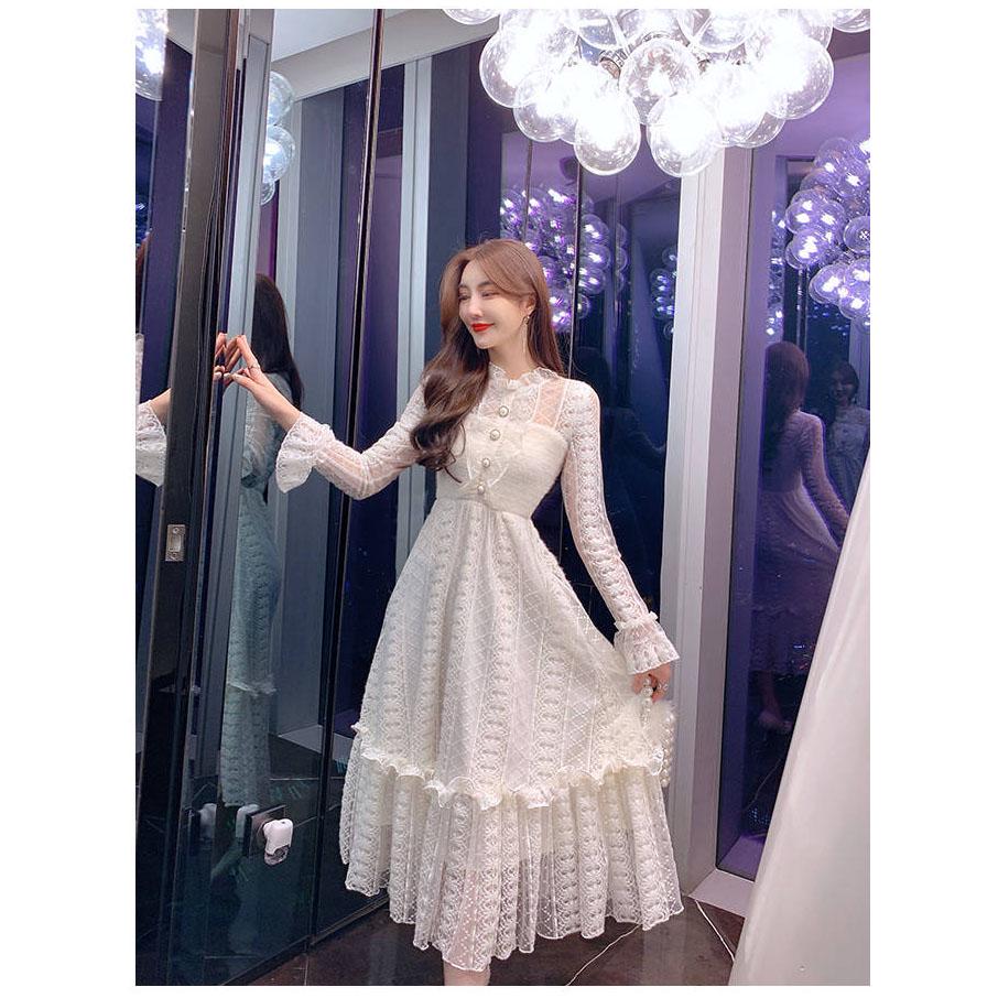 Dress women mid-length autumn and winter waist lace dress female plus size Slim clothing